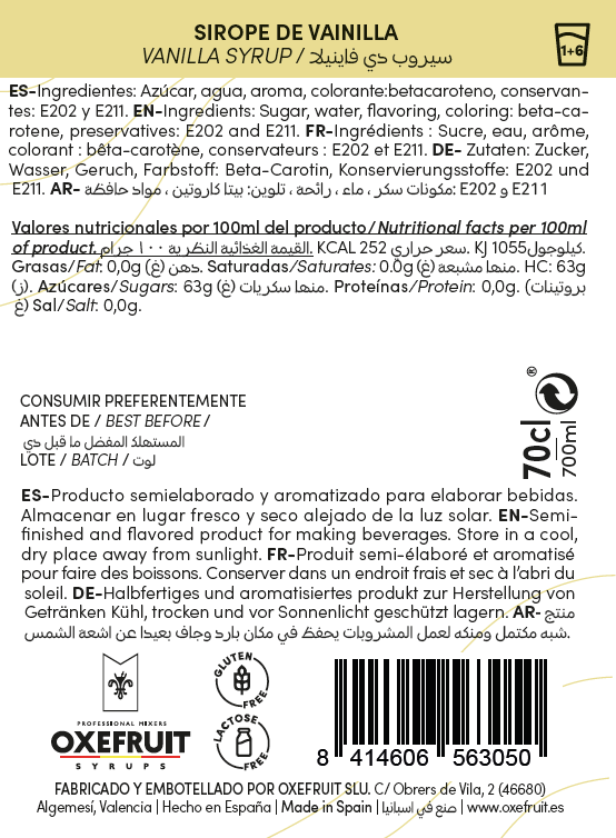 Oxefruit Sirope 70 cl. Vainilla