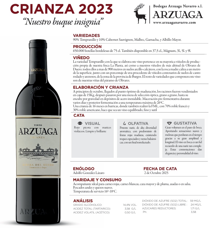 Arzuaga Crianza 2022 16 m. barrica 75 cl. D.O. Ribera del Duero