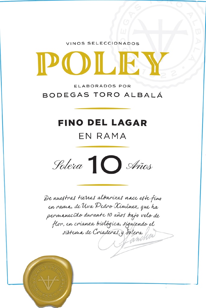 Vino Poley Fino del Lagar 10 años 500 ml. Toro Albalá.