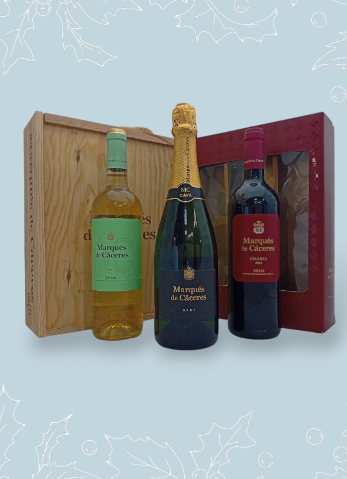 Estuche madera 3 b. Cava, Crianza y Blanco M. Caceres 75 cl.