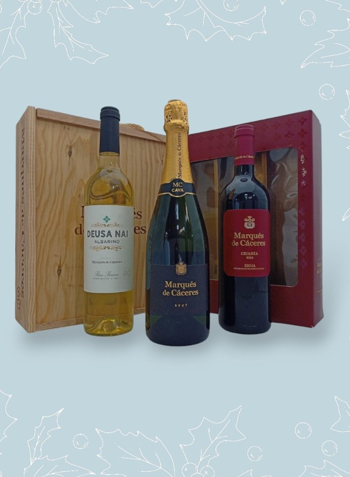 Estuche madera 3 b. Cava, Albariño y Crianza M. Caceres 75 cl.