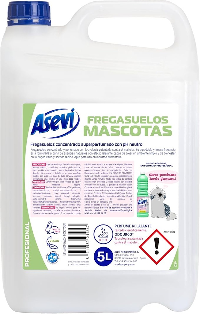 Fregasuelos Asevi Mascotas Garrafa 5 L.