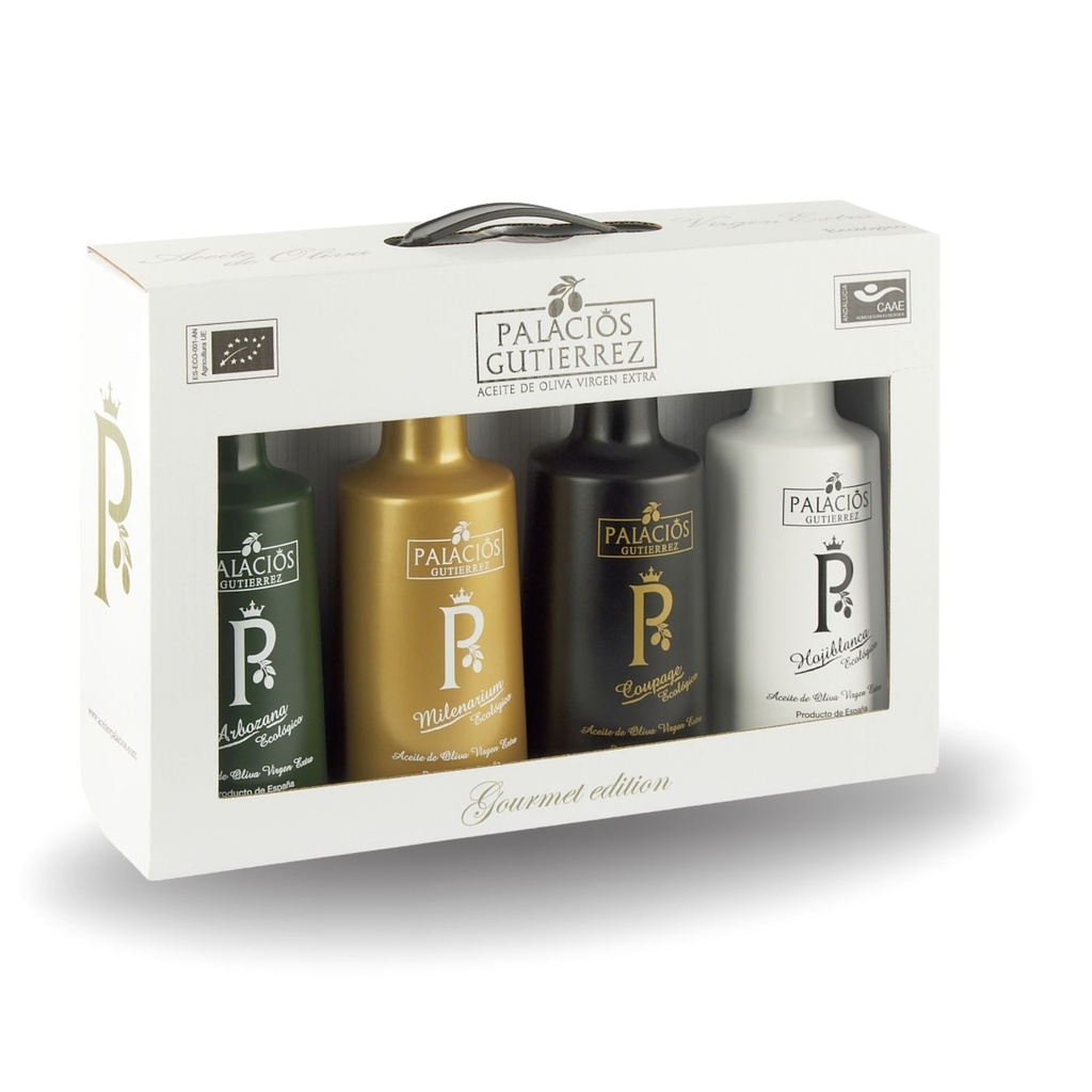 Aceite O.V.E. Palacios Gutierrez cristal 4x500 ml. Estuche Gourmet