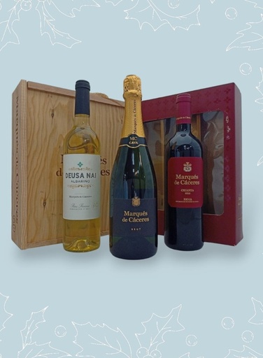 [Lote 13] Estuche madera 3 b. Cava, Albariño y Crianza M. Caceres 75 cl.