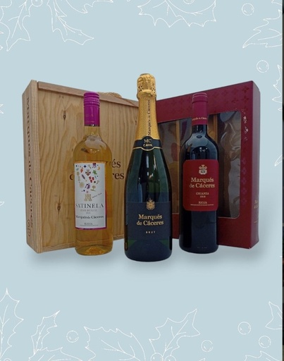 [Lote 14] Estuche madera 3 b. Cava, Crianza y Semidulce M. Caceres 75 cl.