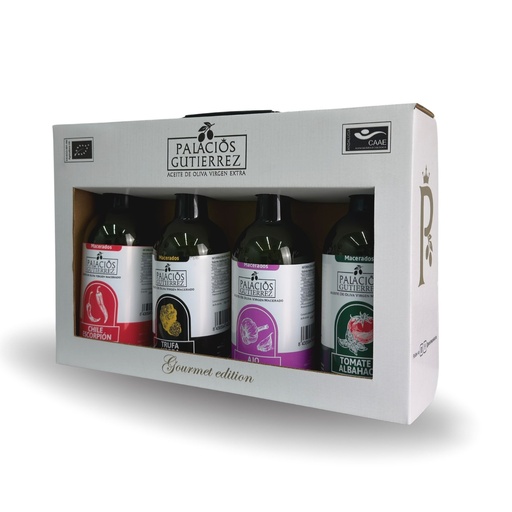 Aceite O.V.E. Palacios Gutierrez cristal 4x500 ml. Estuche Macerados